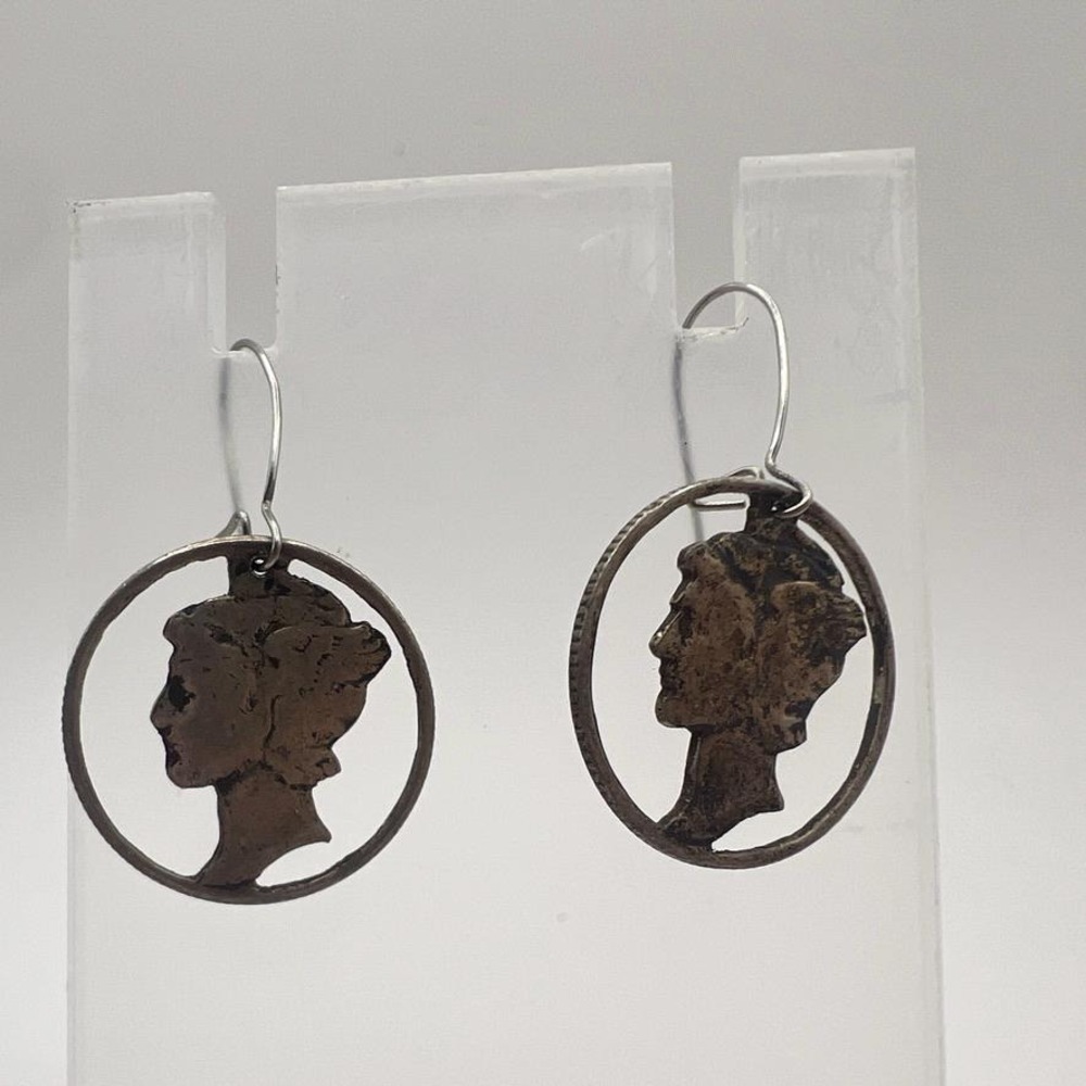 Vintage Coin Silhouette Earrings Queen Elizabeth Half Penny‎ Royal Silver